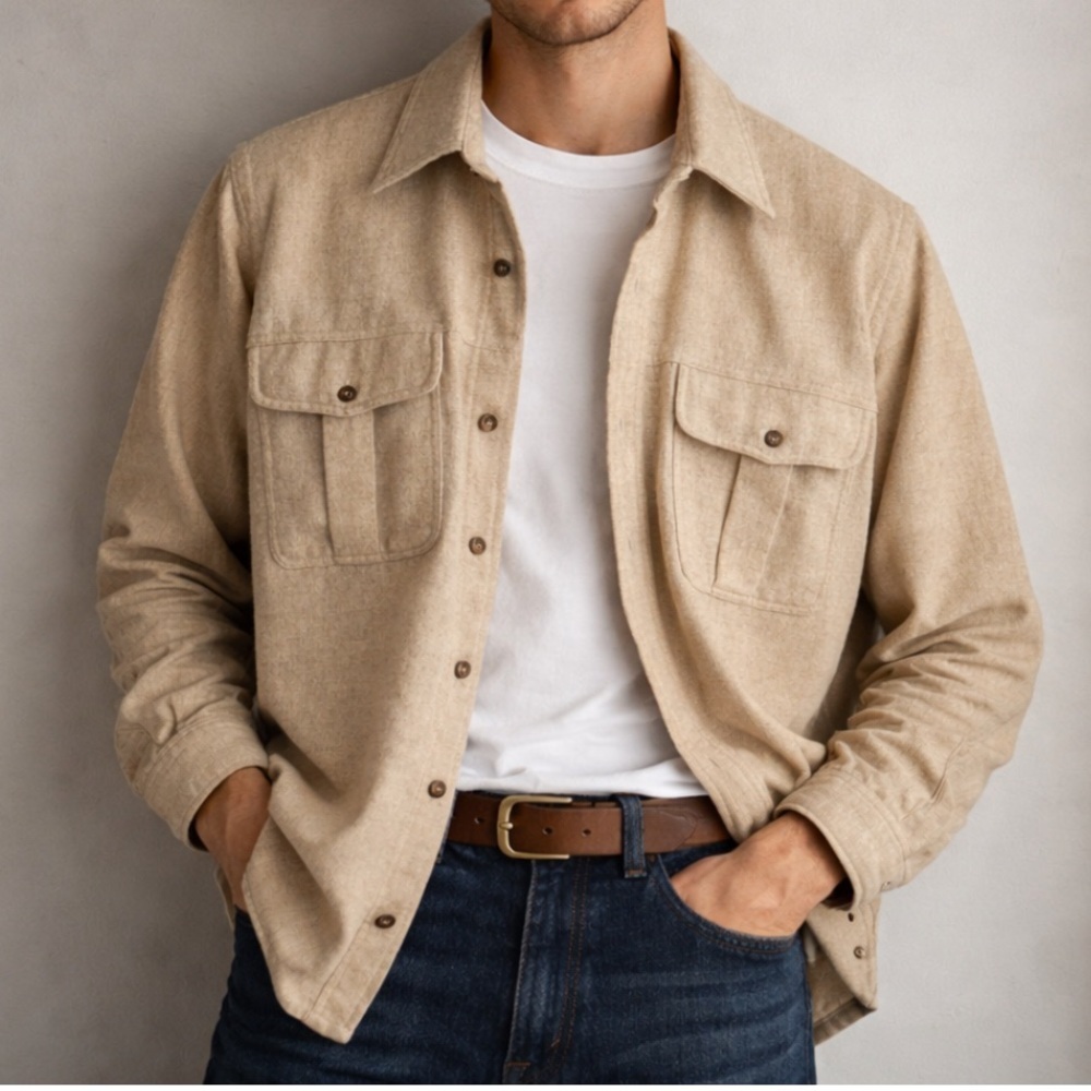 Vtg Yves Saint Laurent Wool Blend Shirt Mens S Beige Shacket Utility Safari EUC